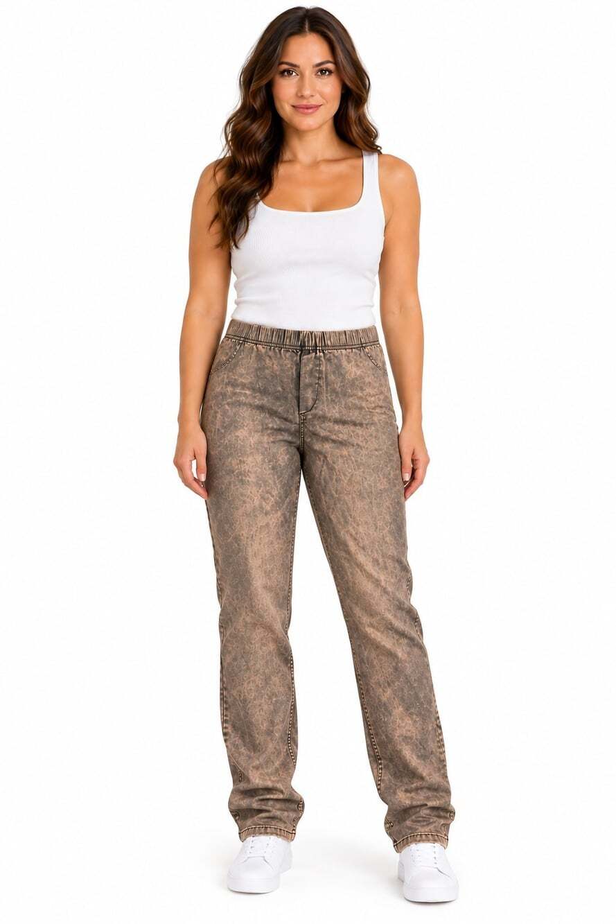 Angie ASIS Sz M Taupe Acid Wash Pull On Straight Leg Pants Stretch Waist NWT K50